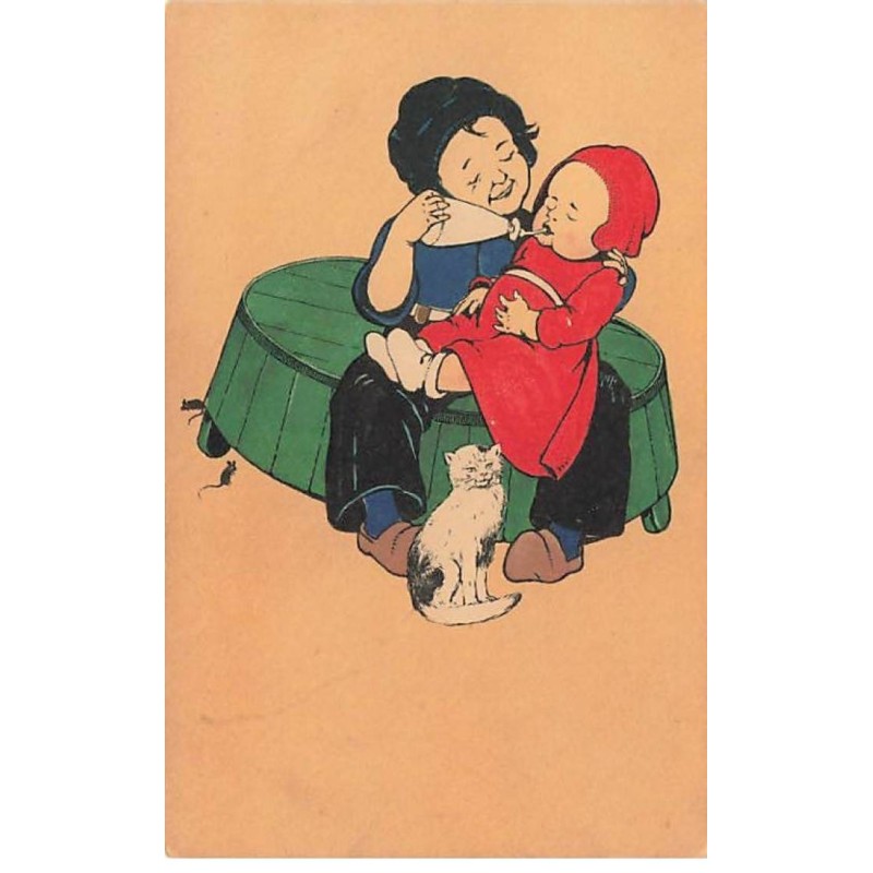 n°25730 - Fantaisie - Garçon donnant le biberon à un bébé - chat