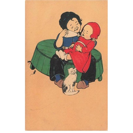 n°25730 - Fantaisie - Garçon donnant le biberon à un bébé - chat