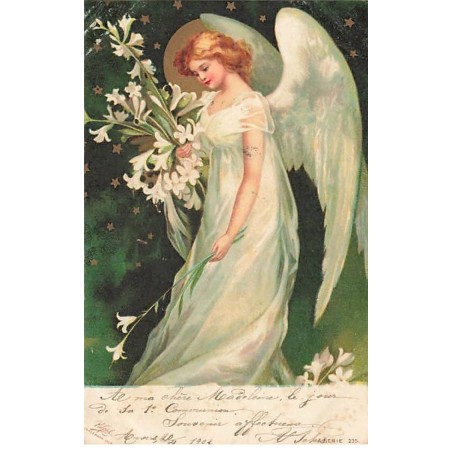 n°25734 - Fantaisie - Clapsaddle - Un ange gardien avec des fleurs sous un nuit étoilée