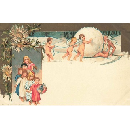 n°25736 - Fantaisie - Défilé d'enfants, et anges poussant une grosse boule de neige sur un vieillard