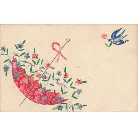 n°25737 - Représentation de Timbres - Cut Stamps - Hirondelle déposant une fleur dans une ombrelle
