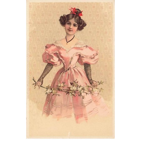 n°25754 - Fantaisie - M.S.M. - Jeune femme portant une robe rose et jouant avec une branche fleurie
