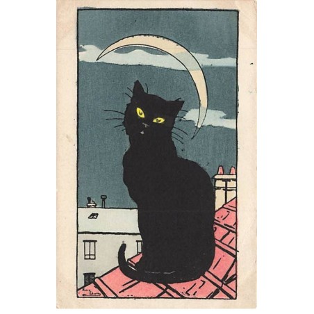 n°25758 - Illustrateur - Harry Eliott - Chat noir sur un toit sous un croissant de lune