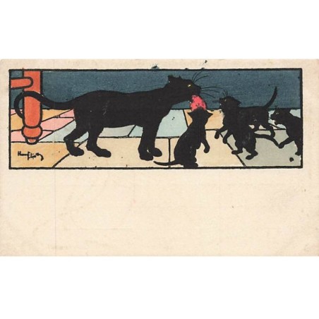 n°25759 - Illustrateur - Harry Eliott - Chat noir apportant à manger à ses petits