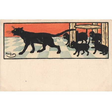n°25760 - Illustrateur - Harry Eliott - Chat noir suivi par ses petits