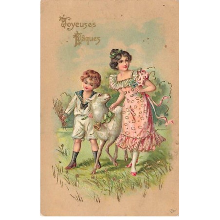 n°25764 - Carte Gaufrée - Joyeuses Pâques - Une jeune fille et un garçon marchant avec un mouton