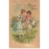 n°25765 - Carte Gaufrée - Joyeuses Pâques - Une jeune fille et un garçon assis sur un mouton