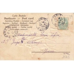n°25765 - Carte Gaufrée - Joyeuses Pâques - Une jeune fille et un garçon assis sur un mouton