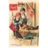 n°25766 - Carte Gaufrée - Serie 6800 - Joyeuses Pâques - Couple d'enfant nettoyant autour d'une poule couvant