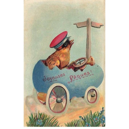 n°25767 - Carte Gaufrée - Joyeuses Pâques - Poussin conduisant un oeuf transformé en voiture