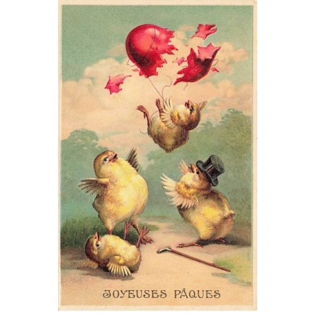 n°25768 - Carte Gaufrée - Joyeuses Pâques - Poussins attrapant un autre tombant du ciel