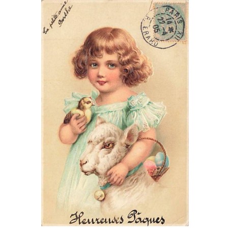 n°25770 - Carte Gaufrée - Heureuses Pâques - Fillette portant un poussin, câlinant un mouton