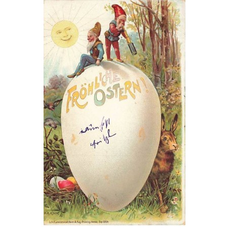 n°25772 - O.A. Koch - Fröhliche Ostern - Lutins, un avec une longue vue, au-dessus d'un oeuf - Soleil humanisé