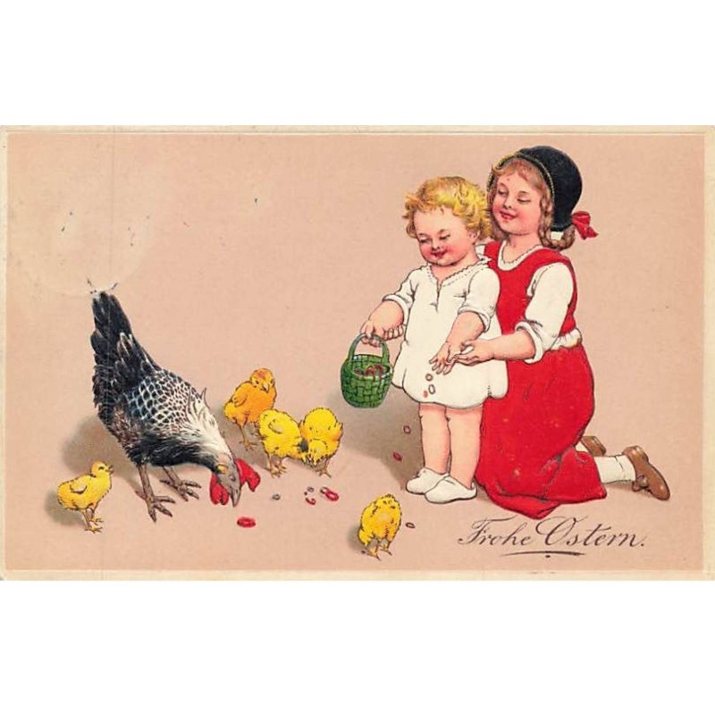 n°25773 - Flatscher - Serie 9816 - Carte Gaufrée - Fröhe Ostern - Enfants nourrissant une poule et ses poussins