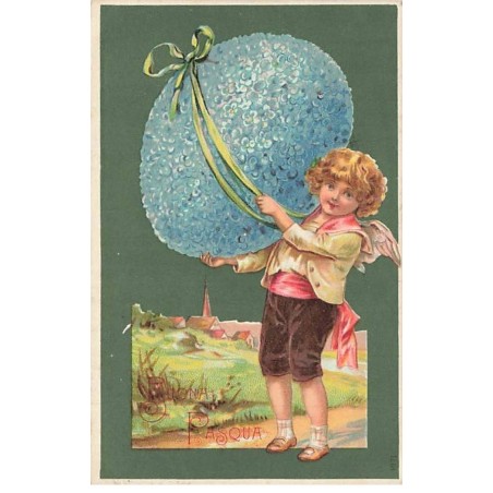 n°25775 - Buona Pasqua - Garçon avec des ailes d'ange, portant un gros oeuf en myosotis