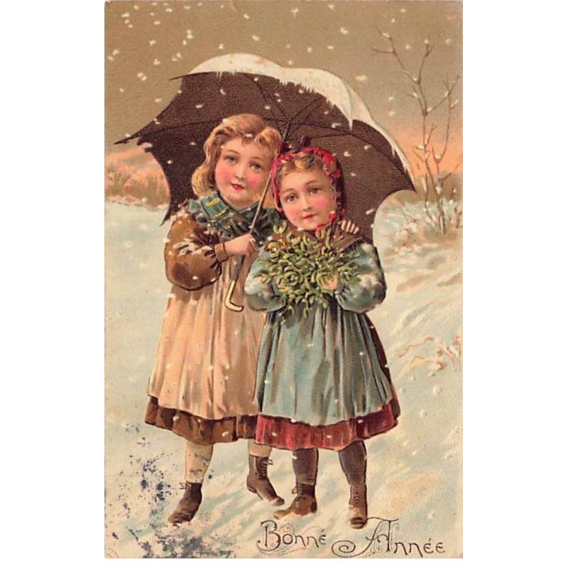 n°25777 - Carte Gaufrée - Bonne Année - Deux fillettes, l'une portant du gui, sous la neige