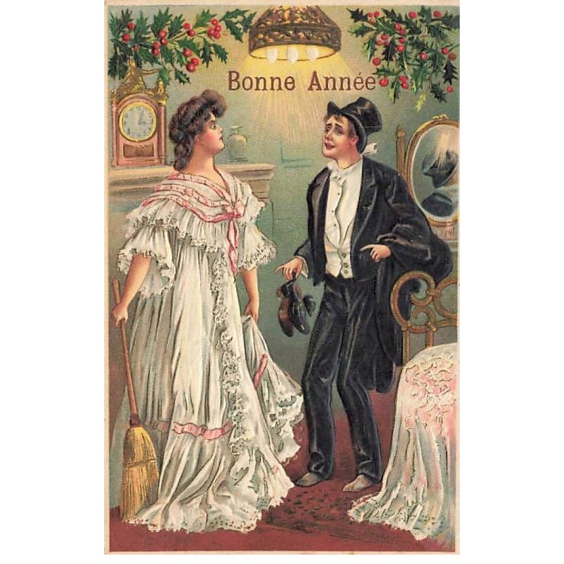 n°25782 - Carte Gaufrée - Bonne Année - Femme accueillant son mari rentrant saoul