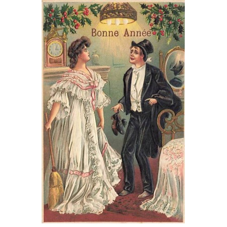 n°25782 - Carte Gaufrée - Bonne Année - Femme accueillant son mari rentrant saoul