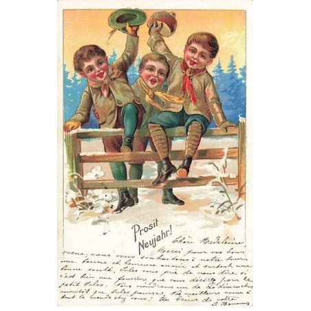 n°25786 - Nouvel An - Carte Gaufrée - Prosit Neujahr - Garçons à califourchon sur une balustrade en bois