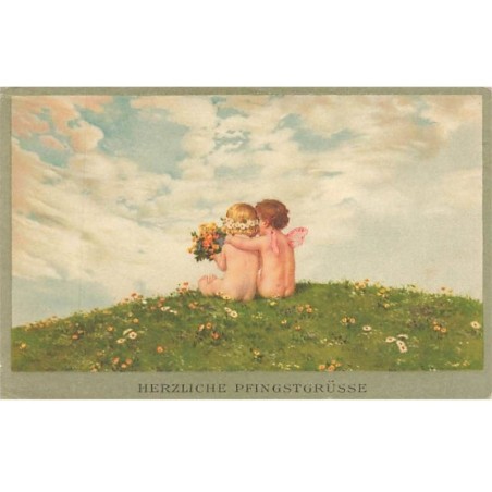 n°25789 - Pentecôte - MM Vienne 1173 - Flatscher - Deux anges assis en haut d'une prairie