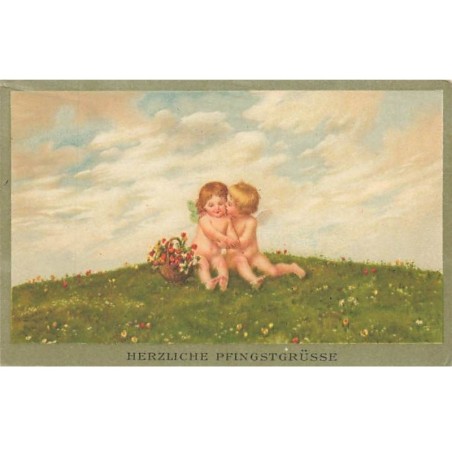 n°25790 - Pentecôte - MM Vienne 1173 - Flatscher - Deux anges assis et s'embrassant en haut d'une prairie