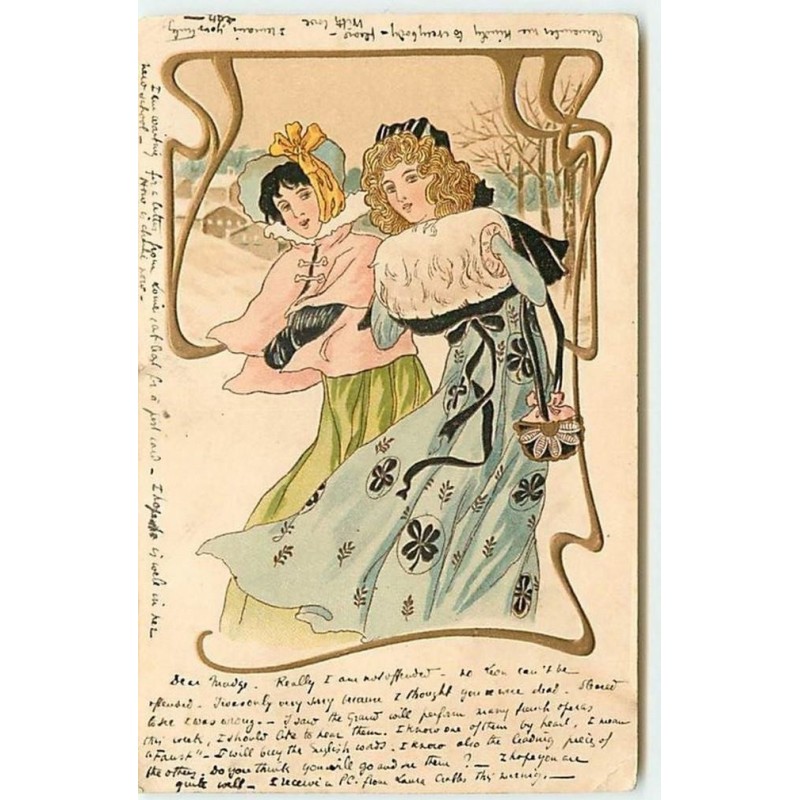 n°12667 - Carte Gaufrée - Art Nouveau - Deux jeunes femmes se promenant