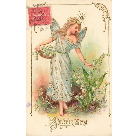 n°25792 - Carte Gaufrée - Souvenir de Mai - Fée, sylphide cueillant un brin de muguet
