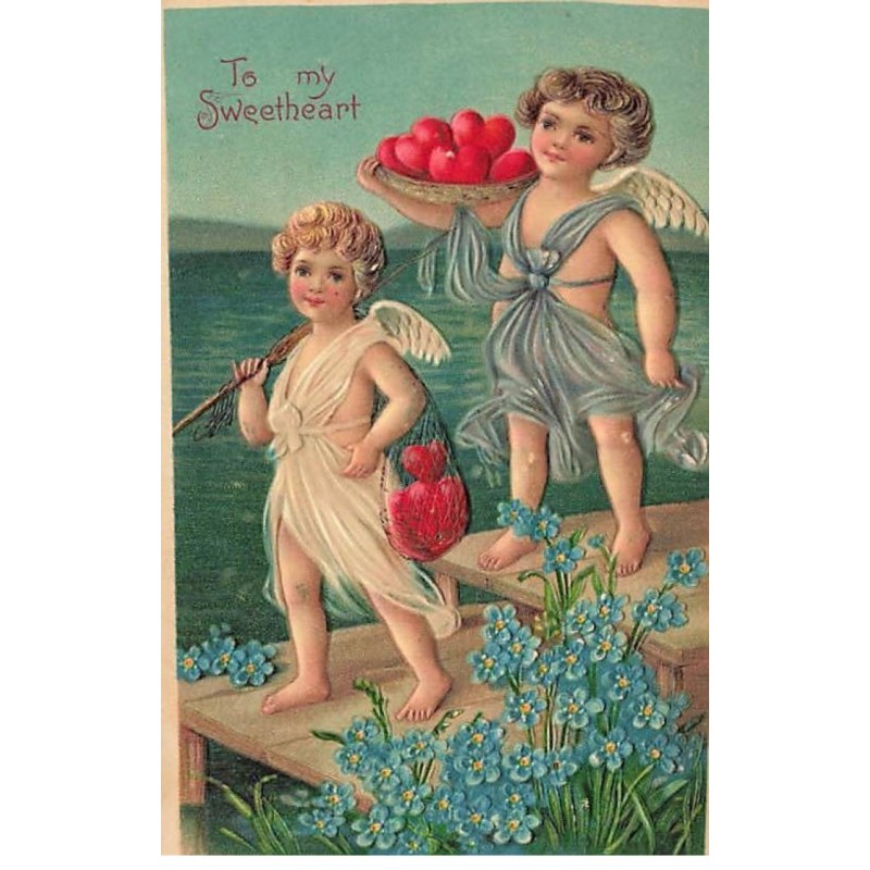 n°25795 - Saint-Valentin - Carte Gaufrée - To my Sweetheart - Deux anges pêchant des coeurs