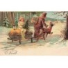 n°25806 - Carte Gaufrée - Joyeux Noël - Ange assis sur le traîneau marchant dans la neige avec le Père Noël