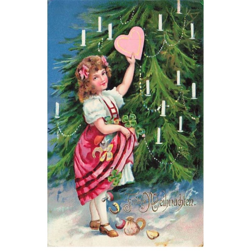 n°25809 - Noël - Fröhliche Weihnachten - Fillette mettant des portes-bonheur dans un sapin