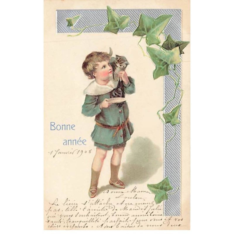 n°25811 - Carte Gaufrée - Bonne Année - Garçon donnant du lait à un chaton - chat
