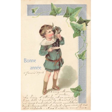 n°25811 - Carte Gaufrée - Bonne Année - Garçon donnant du lait à un chaton - chat