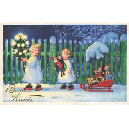 n°25812 - F. Baumgarten - Bonne Année - Anges apportant un sapin décoré, et une luge remplie de cadeaux