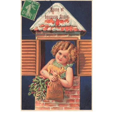 n°25813 - Carte Gaufrée - Bonne et Heureuse Année - Fillette tenant un cochon, du Houx