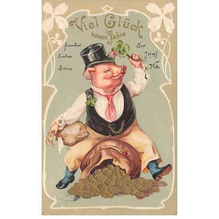 n°25816 - Carte Gaufrée - Nouvel An - Cochon habillé assis sur un sac rempli de pièces d'or