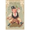 n°25816 - Carte Gaufrée - Nouvel An - Cochon habillé assis sur un sac rempli de pièces d'or