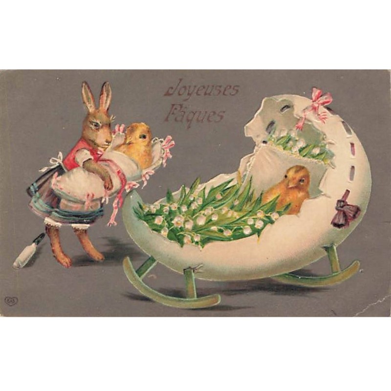 n°25818 - Carte Gaufrée - Joyeuses Pâques - Lapin habillé, couchant des poussins au milieu de muguet