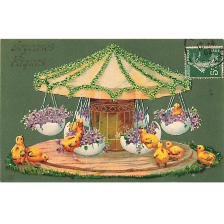 n°25820 - Carte Gaufrée - Joyeuses Pâques - Poussins montant dans un manège