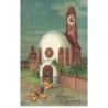 n°25827 - Carte Gaufrée - Pâques - Fröhliche Ostern - Poussins sortant d'une église en forme d'oeuf