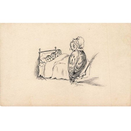 n°25828 - Animaux - Carte dessinée - Une Chouette veillant sur ses petits dans un lit