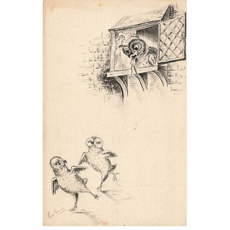 n°25829 - Animaux - Carte dessinée - Une chouette veillant sur ses petits partant jouer