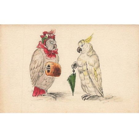 n°25830 - Carte Peinte à la Main - Couple de Perroquets habillés