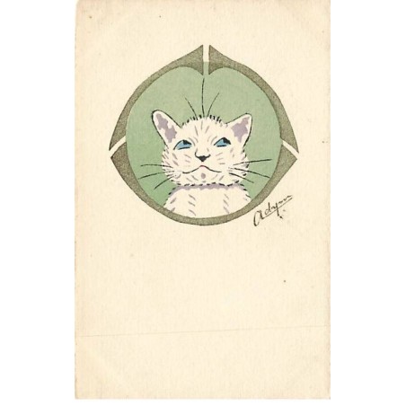 n°25831 - Adym - Chat blanc dans un médaillon vert