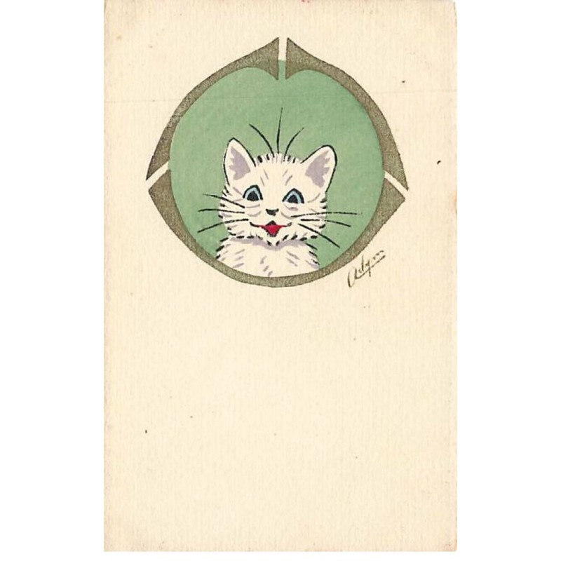 n°25832 - Adym - Chat blanc avec la bouche ouverte dans un médaillon vert