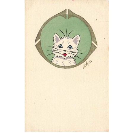 n°25832 - Adym - Chat blanc avec la bouche ouverte dans un médaillon vert