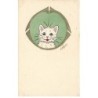 n°25832 - Adym - Chat blanc avec la bouche ouverte dans un médaillon vert