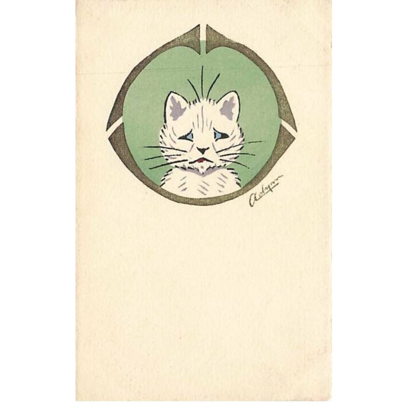n°25833 - Adym - Chat blanc à l'air triste dans un médaillon vert