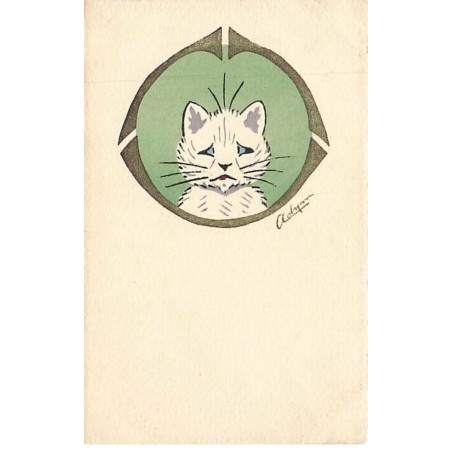 n°25833 - Adym - Chat blanc à l'air triste dans un médaillon vert