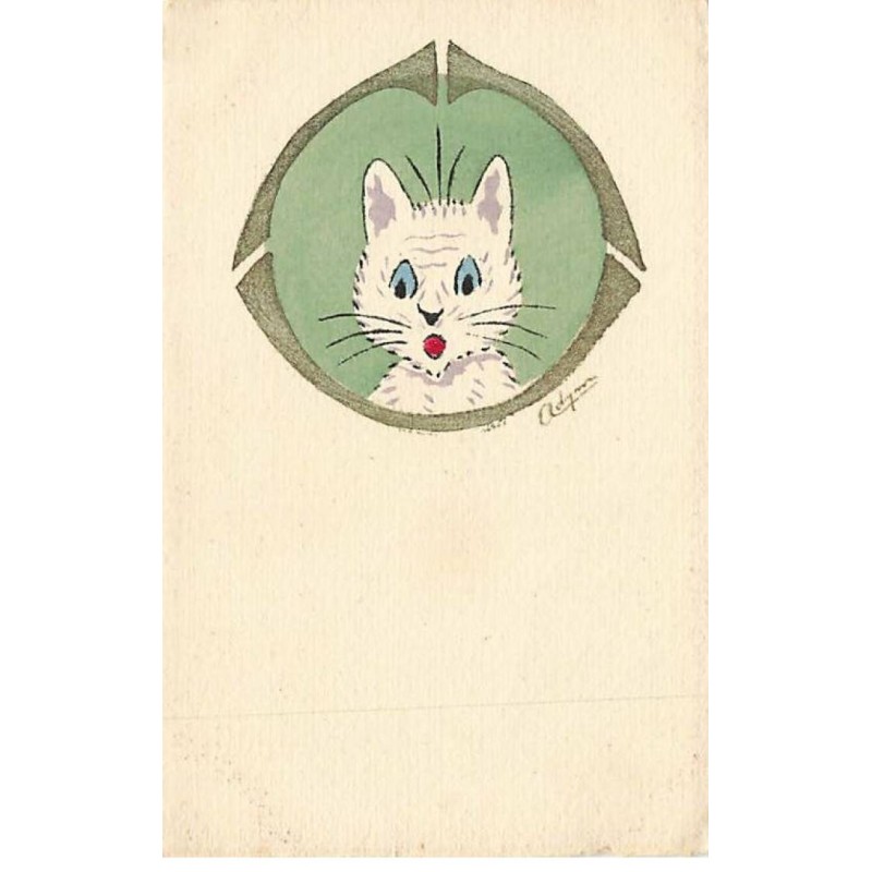 n°25834 - Adym - Chat blanc étant surpris dans un médaillon vert