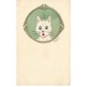 n°25834 - Adym - Chat blanc étant surpris dans un médaillon vert
